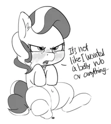 Size: 1280x1433 | Tagged: artist:pabbley, belly button, blushing, derpibooru import, dialogue, diamond tiara, diamond tsundiara, grayscale, monochrome, safe, simple background, sitting, solo, tsundere, white background