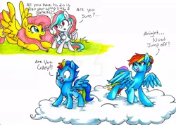 Size: 1024x729 | Tagged: safe, artist:pitterpaint, derpibooru import, fluttershy, rainbow dash, oc, oc:niagara falls, oc:sky rocket, pegasus, pony, cloud, dialogue, fluttermom, flying lesson, insect on nose, offspring, parent:bulk biceps, parent:fluttershy, parent:rainbow dash, parent:soarin', parents:flutterbulk, parents:soarindash, spread wings, traditional art, watermark