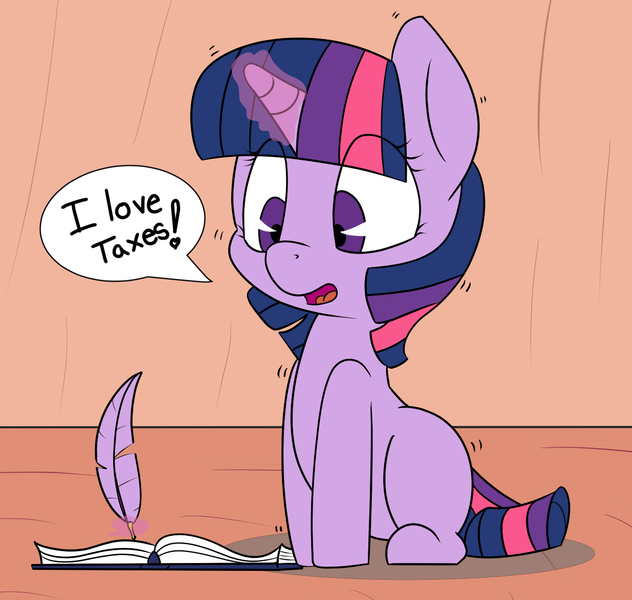 Size: 1280x1216 | Tagged: safe, artist:pabbley, artist:php47, derpibooru import, twilight sparkle, pony, unicorn, colored, cute, dialogue, female, horse taxes, levitation, looking down, magic, missing cutie mark, open mouth, quill, sitting, solo, taxes, telekinesis, that pony sure does love taxes