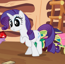 Size: 509x507 | Tagged: safe, derpibooru import, screencap, rarity, spike, dragon, pony, unicorn, secret of my excess, animated, animation error, book, cropped, cute, dilated pupils, excited, eye shimmer, eyes on the prize, fire ruby, gif, grin, gritted teeth, happy, offscreen character, open mouth, opening credits, raised hoof, raribetes, ruby, smiling, solo focus, squee