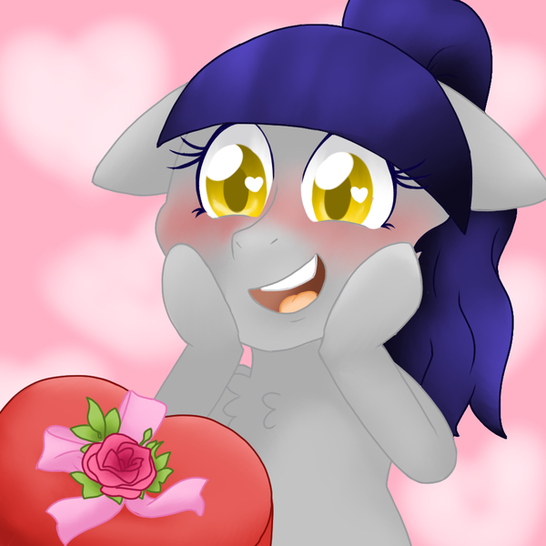 Size: 1000x1000 | Tagged: safe, artist:ask-sonatadusk, deleted from derpibooru, derpibooru import, oc, oc:fruity blossom, unofficial characters only, earth pony, pony, :d, abstract background, blushing, chest fluff, chocolate, colored pupils, female, floppy ears, flower, food, happy, heart, heart eyes, implied shipping, mare, open mouth, ponytail, rose, smiling, solo, valentine's day, wingding eyes