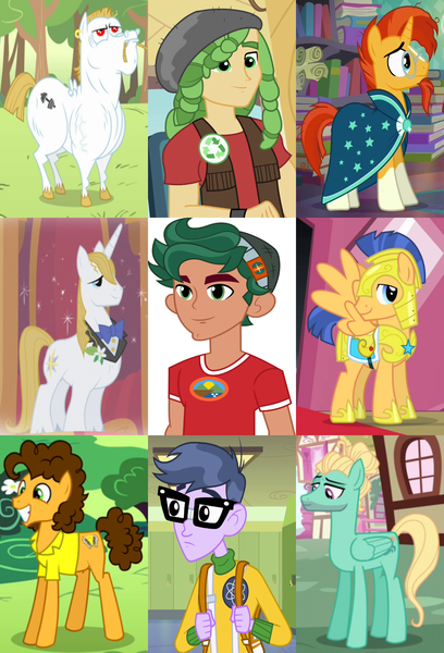 Size: 1353x1992 | Tagged: safe, derpibooru import, bulk biceps, cheese sandwich, flash sentry, microchips, prince blueblood, sandalwood, sunburst, timber spruce, zephyr breeze, earth pony, pegasus, pony, unicorn, equestria girls, cropped, guild, male, nonet, stallion, team