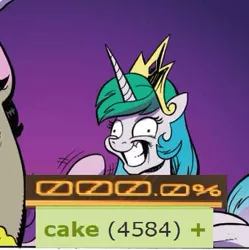 Size: 391x393 | Tagged: safe, artist:andypriceart, derpibooru import, edit, editor:watermelon changeling, idw, accord, discord, princess celestia, starlight glimmer, alicorn, pony, unicorn, chaos theory (arc), spoiler:comic, spoiler:comic50, 0, 200% mad, accord (arc), boop, cake, cakelestia, conclusion: and chaos into the order came, derp, expand dong, exploitable meme, floppy ears, food, gradient background, grin, insanity, meme, shrunken pupils, smiling, snaplestia, stepford smiler, waving, wide eyes