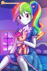 Size: 750x1125 | Tagged: safe, artist:lumineko, derpibooru import, rainbow dash, scootaloo, equestria girls, alternate hairstyle, bed, blushing, bow, bracelet, clothes, cute, dashabetes, female, hair bow, implied scootalove, jewelry, looking at you, lumineko is trying to murder us, moe, nightgown, patreon, patreon logo, plushie, ponytail, rainbow dash always dresses in style, scootalove, sitting, smiling, solo, window