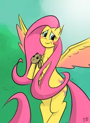 Size: 2580x3500 | Tagged: safe, artist:l-pastellepink-l, derpibooru import, fluttershy, pegasus, pony, rabbit, blushing, flying, high res, holding, looking at you, smiling, solo, spread wings