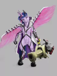 Size: 2074x2765 | Tagged: safe, artist:mackeroth, derpibooru import, twilight sparkle, twilight sparkle (alicorn), alicorn, cyborg, pony, unicorn, amputee, augmented, bipedal, boots, cloak, clothes, exosuit, featureless crotch, laser, muscles, prosthetic limb, prosthetic wing, prosthetics, scarred, simple background, solo