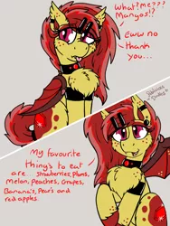 Size: 960x1280 | Tagged: safe, artist:emz2015, derpibooru import, oc, oc:ruby splash, unofficial characters only, bat pony, pony, arm band, chest fluff, collar, cute little fangs, dialogue, ear piercing, earring, eyeshadow, fangs, jewelry, makeup, piercing, raised hoof, solo, tongue out