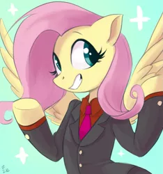 Size: 697x746 | Tagged: dead source, safe, artist:ehfa, derpibooru import, fluttershy, pegasus, pony, clothes, female, mare, necktie, smiling, solo, suit