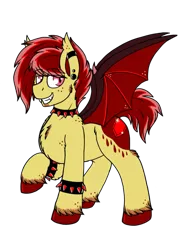 Size: 960x1280 | Tagged: safe, artist:emz2015, derpibooru import, oc, oc:crimson rain, oc:ruby splash, unofficial characters only, bat pony, pony, arm band, bracelet, chest fluff, choker, cute little fangs, ear piercing, fangs, jewelry, looking at you, open mouth, piercing, raised hoof, rule 63, smiling, solo, spiked choker, spiked wristband, spread wings, unshorn fetlocks