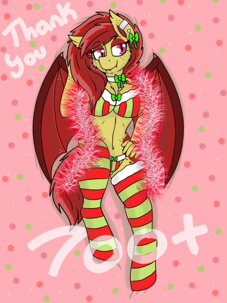 Size: 960x1280 | Tagged: questionable, artist:emz2015, derpibooru import, oc, oc:ruby splash, unofficial characters only, anthro, bat pony, unguligrade anthro, bedroom eyes, bow, breasts, cameltoe, choker, christmas, cleavage, clothes, cute little fangs, ear piercing, eyeshadow, fangs, female, freckles, looking at you, lying down, makeup, on back, panties, piercing, smiling, socks, solo, solo female, stockings, striped socks, thigh highs, underwear, unshorn fetlocks