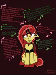 Size: 960x1280 | Tagged: safe, artist:emz2015, derpibooru import, oc, oc:ruby splash, unofficial characters only, bat pony, pony, arm band, chest fluff, choker, ear piercing, eyeshadow, floppy ears, makeup, motivational, piercing, sitting, smiling, solo