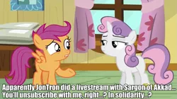 Size: 959x538 | Tagged: bloom and gloom, derpibooru import, edit, edited screencap, forced meme, impact font, jontron, meme, mouthpiece, safe, sargon of akkad, scootaloo, scootaloo is wrong about everything, screencap, strawman, sweetie belle, text