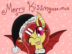 Size: 1280x960 | Tagged: safe, artist:emz2015, derpibooru import, oc, unofficial characters only, bat pony, pony, bat pony oc, christmas ponies, ear piercing, earring, freckles, hat, jewelry, looking at you, merry christmas, one eye closed, piercing, santa hat, solo, spread wings, tongue out, vulgar, wink