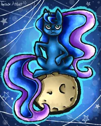 Size: 800x1000 | Tagged: safe, artist:twixyamber, derpibooru import, princess luna, alicorn, pony, moon, sitting, solo, tangible heavenly object