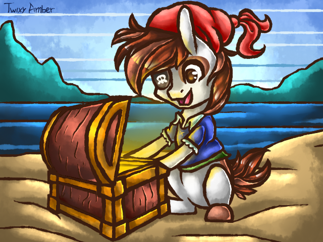 Size: 640x480 | Tagged: artist:twixyamber, chest, derpibooru import, eyepatch, happy, ocean, pipsqueak, pirate, safe, sand, solo, treasure