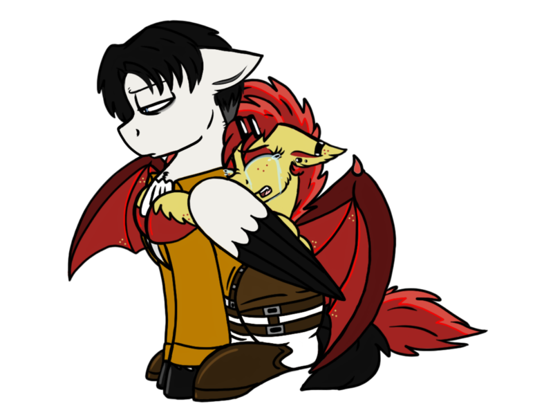 Size: 1280x960 | Tagged: safe, artist:emz2015, derpibooru import, oc, oc:ruby splash, ponified, unofficial characters only, bat pony, pegasus, pony, attack on titan, boots, clothes, crying, ear piercing, earring, eyeshadow, hug, jewelry, levi ackerman, makeup, piercing, shirt, sitting, unshorn fetlocks