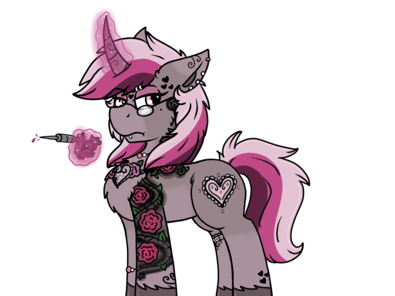 Size: 1280x960 | Tagged: safe, artist:emz2015, derpibooru import, oc, oc:ink heart, unofficial characters only, pony, unicorn, beauty mark, ear piercing, earring, eyeshadow, frown, glasses, jewelry, lip piercing, magic, makeup, needle, piercing, solo, tattoo, tattoo artist, telekinesis