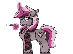 Size: 1280x960 | Tagged: safe, artist:emz2015, derpibooru import, oc, oc:ink heart, unofficial characters only, pony, unicorn, beauty mark, ear piercing, earring, eyeshadow, frown, glasses, jewelry, lip piercing, magic, makeup, needle, piercing, solo, tattoo, tattoo artist, telekinesis