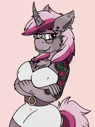 Size: 960x1280 | Tagged: suggestive, artist:emz2015, derpibooru import, oc, oc:ink heart, unofficial characters only, anthro, unicorn, beauty mark, big breasts, breasts, cleavage, clothes, dress, ear piercing, earring, erect nipples, eyeshadow, female, glasses, jewelry, lip piercing, makeup, nipple outline, piercing, solo, tattoo