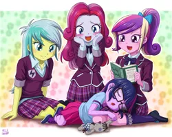 Size: 1254x1000 | Tagged: safe, artist:uotapo, derpibooru import, idw, diamond rose, lemony gem, princess cadance, sci-twi, smarty pants, twilight sparkle, equestria girls, blushing, book, clothes, colored pupils, crystal prep academy uniform, cute, cutedance, dean cadance, equestria girls-ified, eyes closed, female, glasses, isaac newton, open mouth, pleated skirt, ponytail, reading, school uniform, shoes, skirt, sleeping, smiling, socks, sweet dreams fuel, teen princess cadance, twiabetes, uotapo is trying to murder us, weapons-grade cute, younger