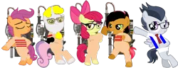 Size: 2158x829 | Tagged: safe, artist:jawsandgumballfan24, derpibooru import, apple bloom, babs seed, rumble, scootaloo, sweetie belle, pony, abby yates, bipedal, bipedal leaning, clothes, cosplay, costume, cutie mark crusaders, erin gilbert, ghostbusters, ghostbusters 2016, glasses, jillian holtzmann, kevin (ghostbusters), leaning, patty tolan, proton pack, simple background, transparent background