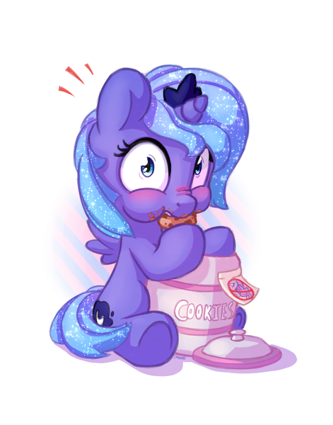 Size: 1100x1400 | Tagged: safe, artist:bobdude0, derpibooru import, princess luna, alicorn, pony, blushing, caught, cookie, cookie jar, crown, cute, filly, food, hnnng, jewelry, looking at you, lunabetes, note, regalia, simple background, sitting, solo, surprised, this will end in a time-out, underhoof, woona, younger