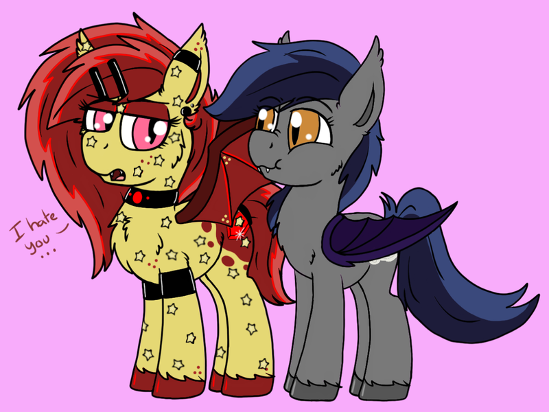 Size: 1280x960 | Tagged: safe, artist:emz2015, derpibooru import, oc, oc:echo, oc:ruby splash, unofficial characters only, bat pony, pony, arm band, chest fluff, choker, dialogue, eyeshadow, freckles, gold star, hairclip, lidded eyes, looking at each other, makeup, puffy cheeks, spread wings, unamused