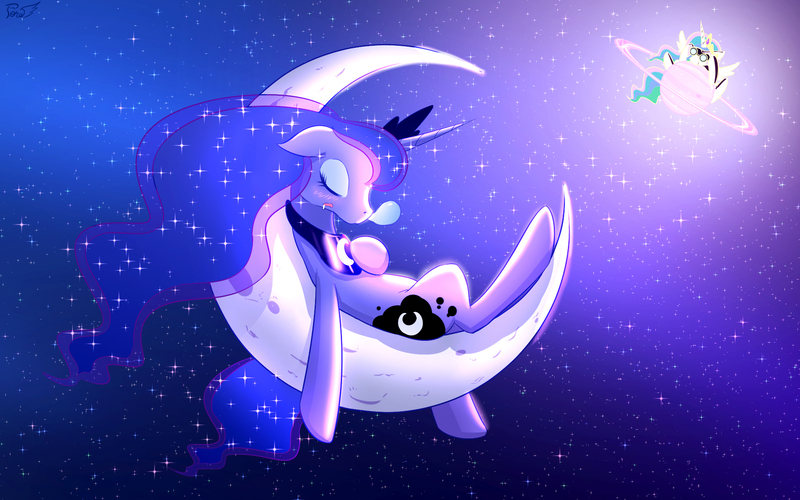 Size: 1920x1200 | Tagged: safe, artist:phoenixperegrine, derpibooru import, princess celestia, princess luna, alicorn, pony, binoculars, blushing, crescent moon, drool, eyes closed, floppy ears, moon, on back, sleeping, snot bubble, space, spying, stars, tangible heavenly object, wallpaper