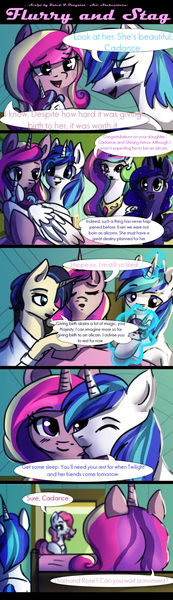 Size: 865x3000 | Tagged: safe, artist:aschenstern, derpibooru import, diamond rose, princess cadance, princess celestia, princess flurry heart, princess luna, shining armor, alicorn, pegasus, pony, unicorn, comic:flurry and stag, comic