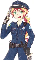 Size: 1190x2048 | Tagged: safe, artist:aka-ryuga, derpibooru import, sunset shimmer, equestria girls, belt, clothes, commando shimmer, fingerless gloves, gloves, gun, hat, looking at you, police officer, simple background, solo, tongue out, trigger discipline, weapon, white background