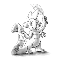 Size: 1000x1000 | Tagged: artist:blue-paint-sea, derpibooru import, dragon, grayscale, letter, looking at you, monochrome, quill, safe, simple background, sketch, smiling, solo, spike, white background