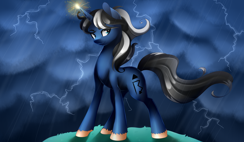 Size: 4500x2622 | Tagged: safe, artist:scarlet-spectrum, derpibooru import, oc, oc:procellus, unofficial characters only, pony, unicorn, absurd resolution, commission, glowing horn, lightning, male, rain, solo, stallion, storm