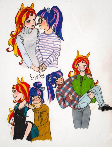 Size: 540x709 | Tagged: safe, artist:theorderofalisikus, derpibooru import, sci-twi, sunset shimmer, twilight sparkle, equestria girls, female, human coloration, lesbian, ponied up, scitwishimmer, shipping, sunsetsparkle, traditional art