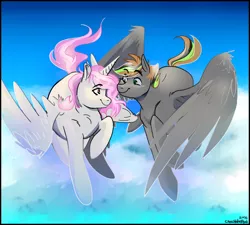 Size: 1000x900 | Tagged: safe, artist:chocolateponi, derpibooru import, oc, oc:angel song, oc:star shooter, unofficial characters only, alicorn, pony, alicorn oc, cloud, duo, flying