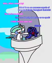 Size: 2222x2698 | Tagged: safe, artist:toothpastethy, derpibooru import, princess celestia, princess luna, alicorn, pony, balcony, bipedal, cute, cutelestia, eyes closed, sillestia, silly, too dumb to live, trollestia, yelling