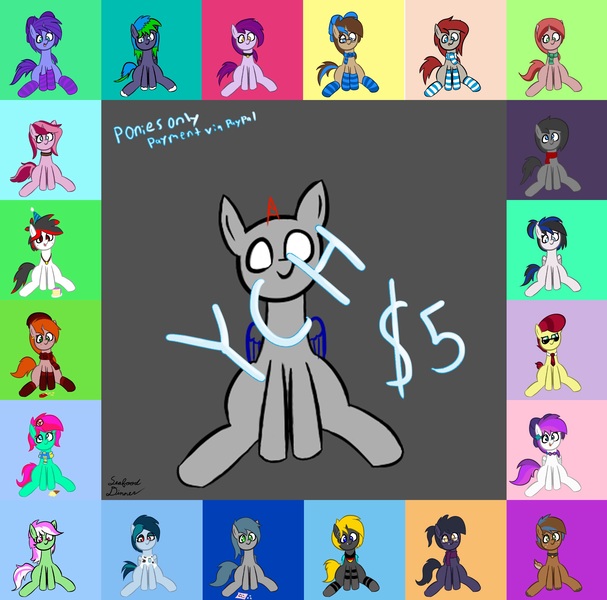 Size: 2690x2658 | Tagged: safe, artist:seafooddinner, derpibooru import, oc, oc:debra rose, oc:delta vee, oc:eclipse penumbra, oc:kenos, oc:lavanda, oc:minty split, oc:mystic blare, oc:pon, oc:ponepony, oc:rosebud, oc:seafood dinner, oc:shayna, oc:starry skies, oc:tiorafa, unofficial characters only, pony, advertisement, commission, cute, your character here