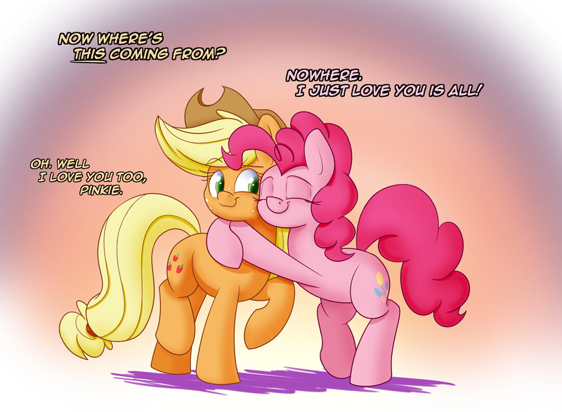 Size: 1500x1100 | Tagged: safe, artist:heir-of-rick, derpibooru import, applejack, pinkie pie, pony, daily apple pony, abstract background, colored pupils, cowboy hat, cute, dialogue, duo, eyes closed, female, free hugs, friendshipping, gradient background, hat, hug, one eye closed, pinkie being pinkie, raised hoof, simple background