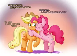 Size: 1500x1100 | Tagged: safe, artist:heir-of-rick, derpibooru import, applejack, pinkie pie, pony, daily apple pony, abstract background, colored pupils, cowboy hat, cute, dialogue, duo, eyes closed, female, free hugs, friendshipping, gradient background, hat, hug, one eye closed, pinkie being pinkie, raised hoof, simple background