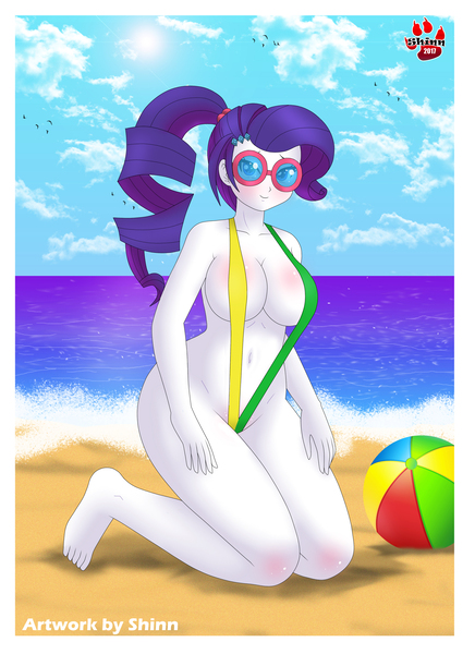 Size: 1454x2000 | Tagged: suggestive, artist:shinn3, derpibooru import, rarity, equestria girls, absolute cleavage, adorasexy, alternate hairstyle, barefoot, beach, beach babe, beach ball, big breasts, bikini, bikini babe, brazil, breasts, busty rarity, cleavage, clothes, commission, cute, feet, female, kneeling, lidded eyes, ocean, one-piece swimsuit, sand, sexy, sling bikini, smiling, solo, solo female, stupid sexy rarity, swimsuit