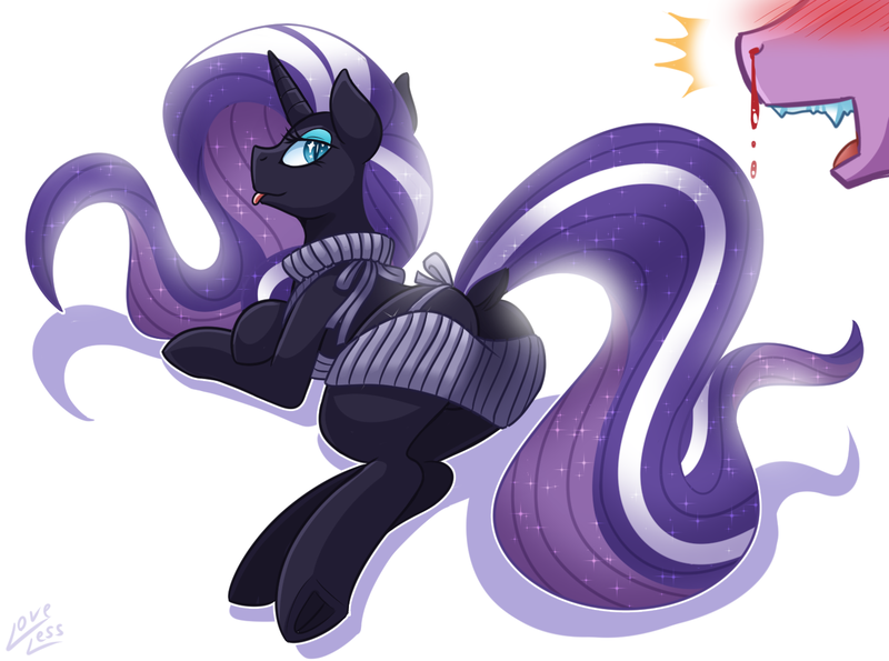 Size: 1391x1034 | Tagged: suggestive, artist:vavacung, derpibooru import, nightmare rarity, spike, dragon, pony, unicorn, backless, blood, clothes, colored pupils, dock, female, looking back, male, mare, nightmare sparity, nosebleed, open-back sweater, plot, shipping, sleeveless sweater, sparity, straight, sweater, tongue out, virgin killer sweater