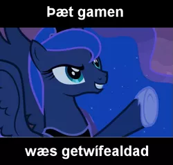 Size: 577x550 | Tagged: safe, artist:yet_one_more_idiot, derpibooru import, princess luna, alicorn, pony, meme, nightmare night, old english, raised hoof, reaction image, solo, the fun has been doubled