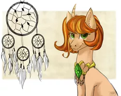 Size: 1024x815 | Tagged: safe, artist:ognevitsa, derpibooru import, oc, unofficial characters only, pony, unicorn, curved horn, dreamcatcher, emerald, feather, female, freckles, green eyes, jewelry, mare, simple background, solo