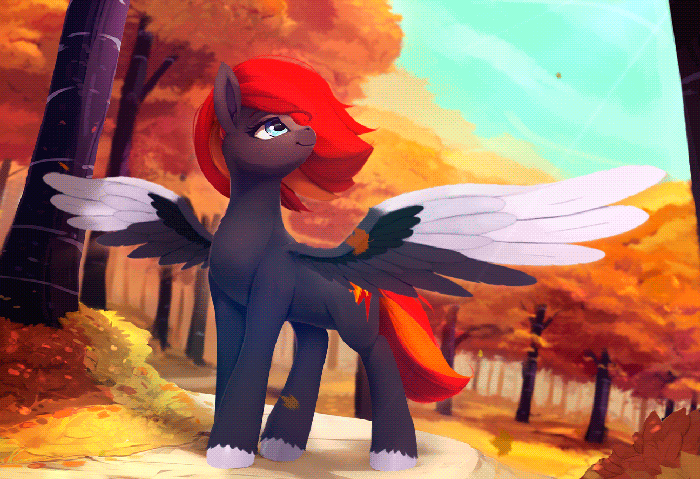 Size: 700x479 | Tagged: safe, artist:rodrigues404, derpibooru import, oc, oc:flame runner, unofficial characters only, pegasus, pony, animated, autumn, cinemagraph, colored wings, crepuscular rays, falling leaves, female, forest, gif, looking up, scenery, scenery porn, solo, spread wings, tree, unshorn fetlocks, wind, windswept mane