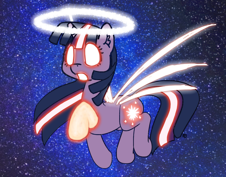 Size: 1280x1004 | Tagged: safe, artist:longren, artist:pabbley, color edit, derpibooru import, edit, twilight sparkle, twilight sparkle (alicorn), alicorn, pony, 30 minute art challenge, colored, eva-01, glow, glowing eyes, halo, neon genesis evangelion, open mouth, rebuild of evangelion, solo