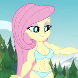 Size: 720x720 | Tagged: suggestive, derpibooru import, edit, edited edit, edited screencap, screencap, fluttershy, equestria girls, legend of everfree, abs, blue underwear, bra, breast edit, breasts, buff edit, cleavage, clothes, female, muscles, muscleshy, panties, ripped, solo, underwear