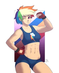 Size: 2400x3000 | Tagged: abs, alternate hairstyle, artist:souladdicted, belly button, clothes, derpibooru import, female, fit, gloves, human, humanized, looking at you, midriff, muscles, one eye closed, rainbow dash, safe, sexy, signature, simple background, solo, sports bra, sports shorts, stupid sexy rainbow dash, wink, workout outfit