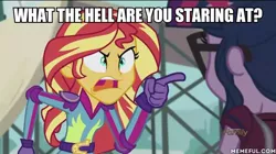 Size: 600x337 | Tagged: safe, derpibooru import, edit, edited screencap, screencap, sci-twi, sunset shimmer, twilight sparkle, equestria girls, friendship games, angry, caption, duckman, exploitable meme, glasses, image macro, meme, pointing, sunset yells at twilight