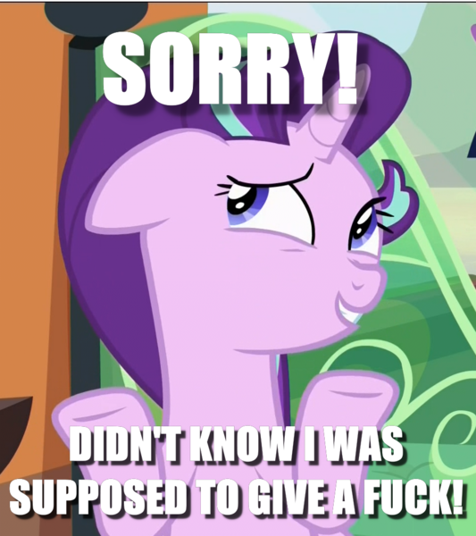 Size: 960x1080 | Tagged: safe, derpibooru import, edit, edited screencap, screencap, starlight glimmer, pony, unicorn, the crystalling, caption, cropped, floppy ears, image macro, meme, no fucks, shrug, smiling, solo, train, vulgar