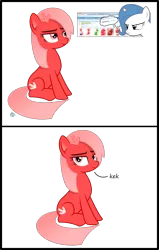 Size: 2200x3459 | Tagged: safe, artist:arifproject, artist:badumsquish, derpibooru import, part of a set, oc, oc:downvote, oc:theme, ponified, unofficial characters only, earth pony, pony, unicorn, derpibooru, derpibooru ponified, dialogue, downvote vs theme, female, hairclip, illusion, kek, looking at you, meta, part of a series, reply, simple background, sitting, smiling, transparent background, twibooru theme illusion, vector