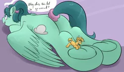 Size: 1130x661 | Tagged: suggestive, artist:goat train, artist:mrrowboat, deleted from derpibooru, derpibooru import, oc, oc:cumulonimbus, oc:paige, unofficial characters only, earth pony, pegasus, pony, collaboration, dialogue, hoof fetish, hoof massage, macro, size difference, underhoof